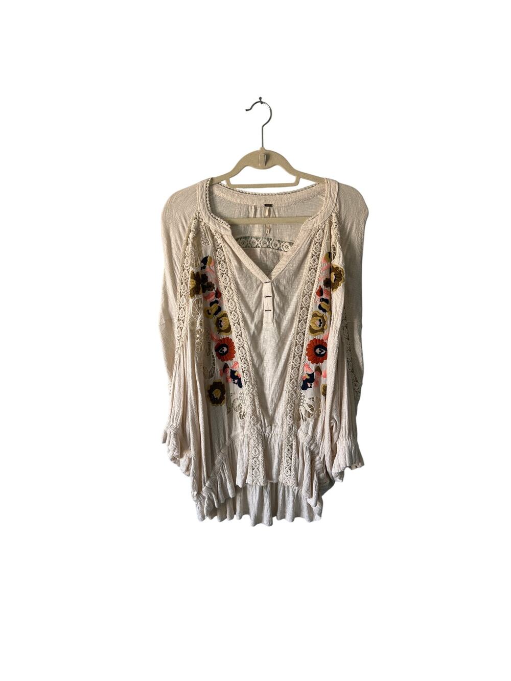 Free People Cream Floral Embroidered Long Sleeve Boho Top S